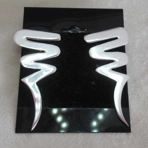 Sterling 925 Swirls Wave Zig Zag Pierced Earrings Signed Taxco Mexico 1.75" H - Picture 1 of 8